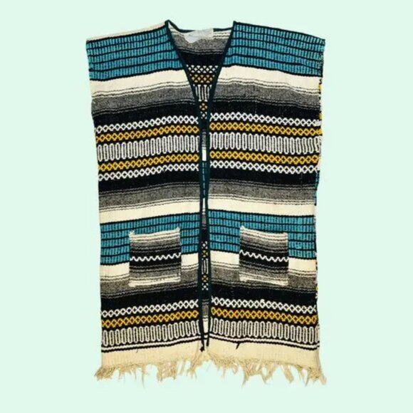 vintage Jackets & Blazers - 70s Vintage Poncho Vest Western BOHO Woven Fringe Traditional Mexico Serape